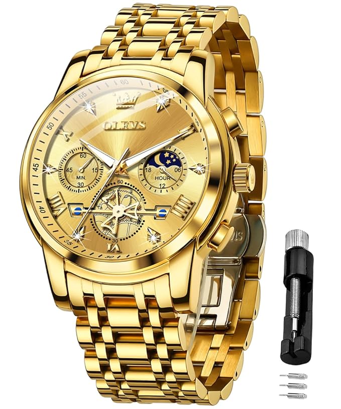 OLEVS Mens Chronograph Watch Gold Silver Stainless Steel Chain Quartz Wrist Watches Business Dress Waterproof Luminous Date Watch