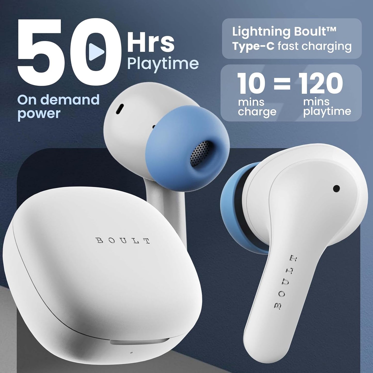Boult K10 Truly Wireless Bluetooth in Ear Earbuds with 50H Playtime, 4 Mic Clear Calling, 45ms Low Latency, 10mm Drivers, Touch Controls, Type-C Fast Charging, IPX5, TWS Ear Buds Wireless (Ice Blue) - Springkart 