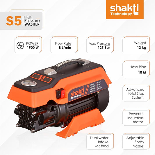 Shakti Technology S5 High Pressure Car Washer Machine 1900 Watts, Pressure 125 Bar, 8L/Min Flow Rate and 10 Meter Hose Pipe with Professional 1L Foam Cannon Snow Lance - Springkart 