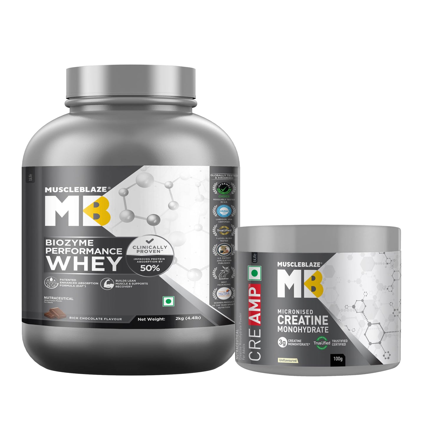 MuscleBlaze Biozyme Performance Whey Protein Powder, Rich Chocolate (1kg / 2.2lbs) | 25g Protein Per Scoop | Clinically Tested 50% Higher Protein Absorption