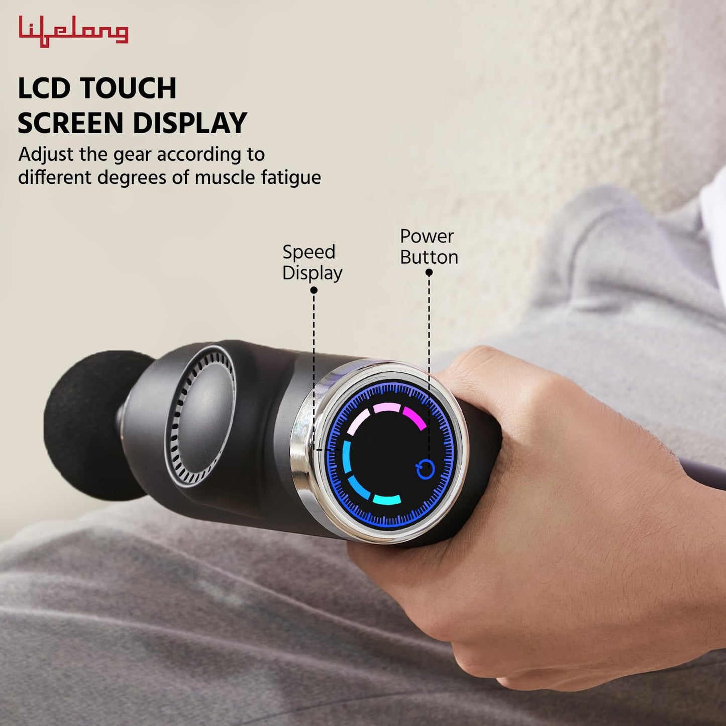 Lifelong Gun Massager for Pain Relief with 4 Heads & LCD Touch Display - Battery Powered - Deep Tissue with 6 Speed Settings for Percussion for Full Body (LLGM171, Black)