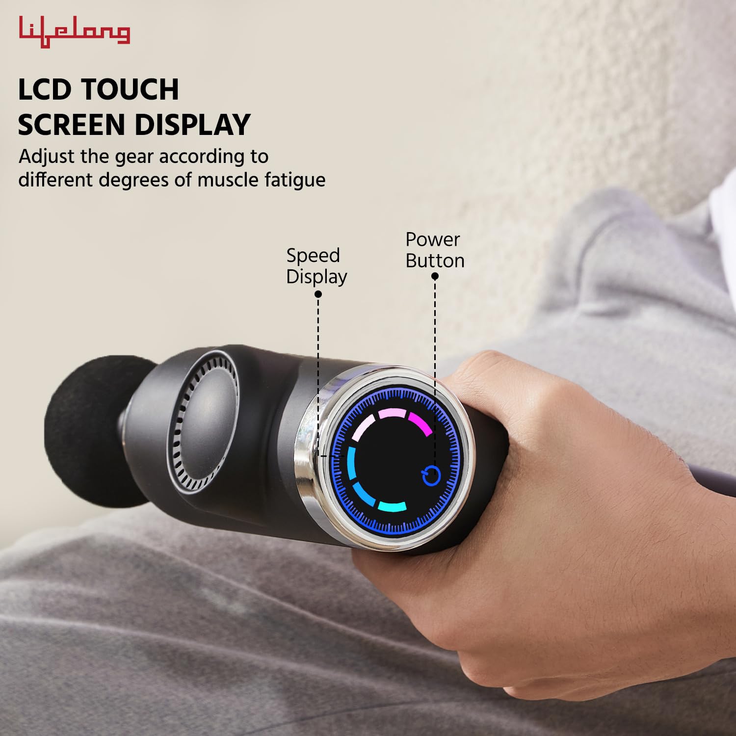 Lifelong Gun Massager for Pain Relief with 4 Heads & LCD Touch Display - Battery Powered - Deep Tissue with 6 Speed Settings for Percussion for Full Body (LLGM171, Black)