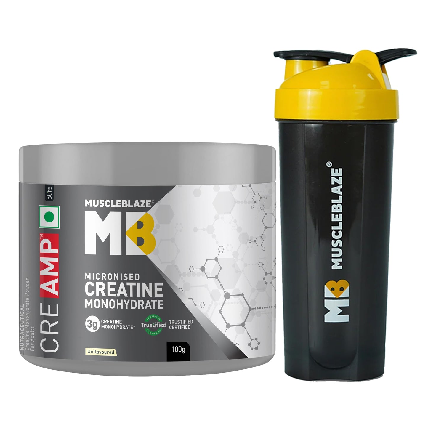 MuscleBlaze Micronised Creatine Monohydrate CreAMP Powder, Unflavoured (32 Servings, 100g) | Trustified Certified Creatine