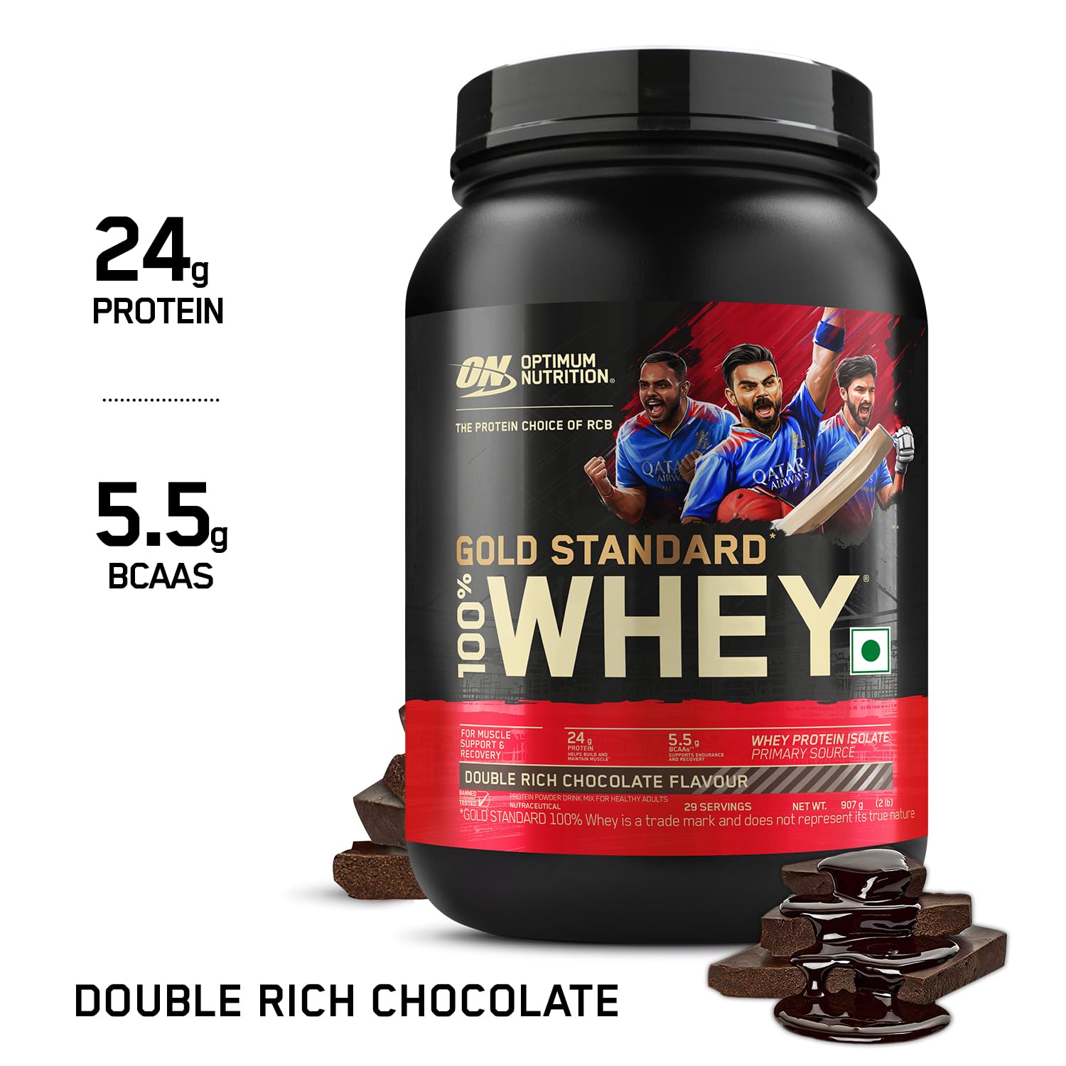 Optimum Nutrition (ON) Gold Standard 100% Whey Protein Powder 2 lbs, 907 g (Double Rich Chocolate), for Muscle Support & Recovery, Vegetarian - Primary Source Whey Isolate