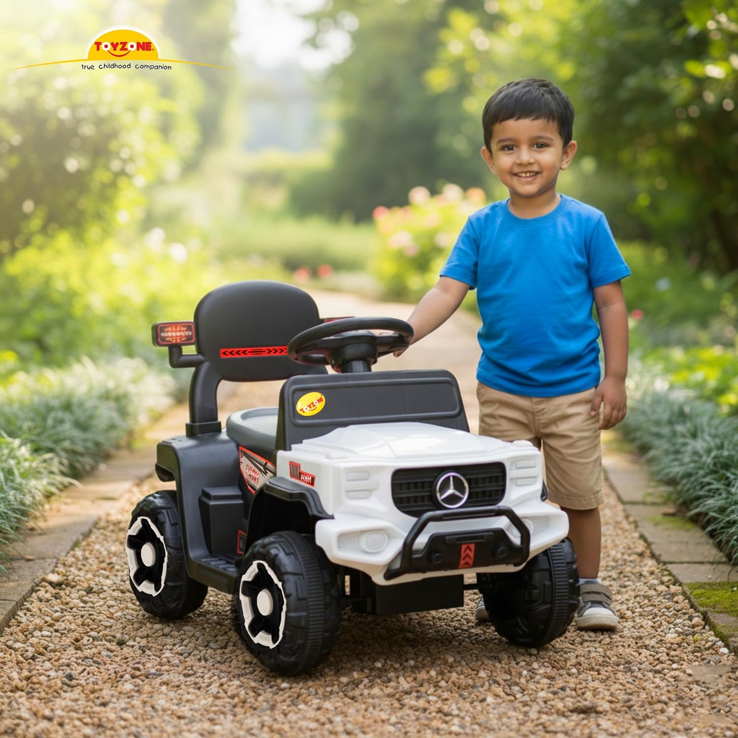 Toyzone Impex Pvt Ltd Posh Electric Car Ride On Jeep(Without Remote)- White|Rechargeable Car 6V & 6.5Ah Battery|Music Player With Bluetoooth & USB |6 Month Battery Warranty|Make In India|Kids 2+ Years