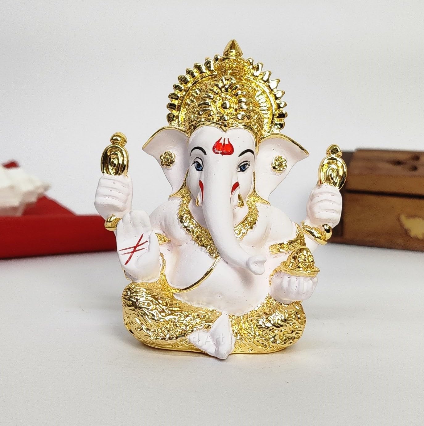 Gold Art India Ganesha Idol | Ganesh Statue for Home Decor | Ganesha murti for Office Desk, & Ganpati Idol for Car Dashboard | Unique Wedding & Birthday Gift (Gold Antique 3.5")
