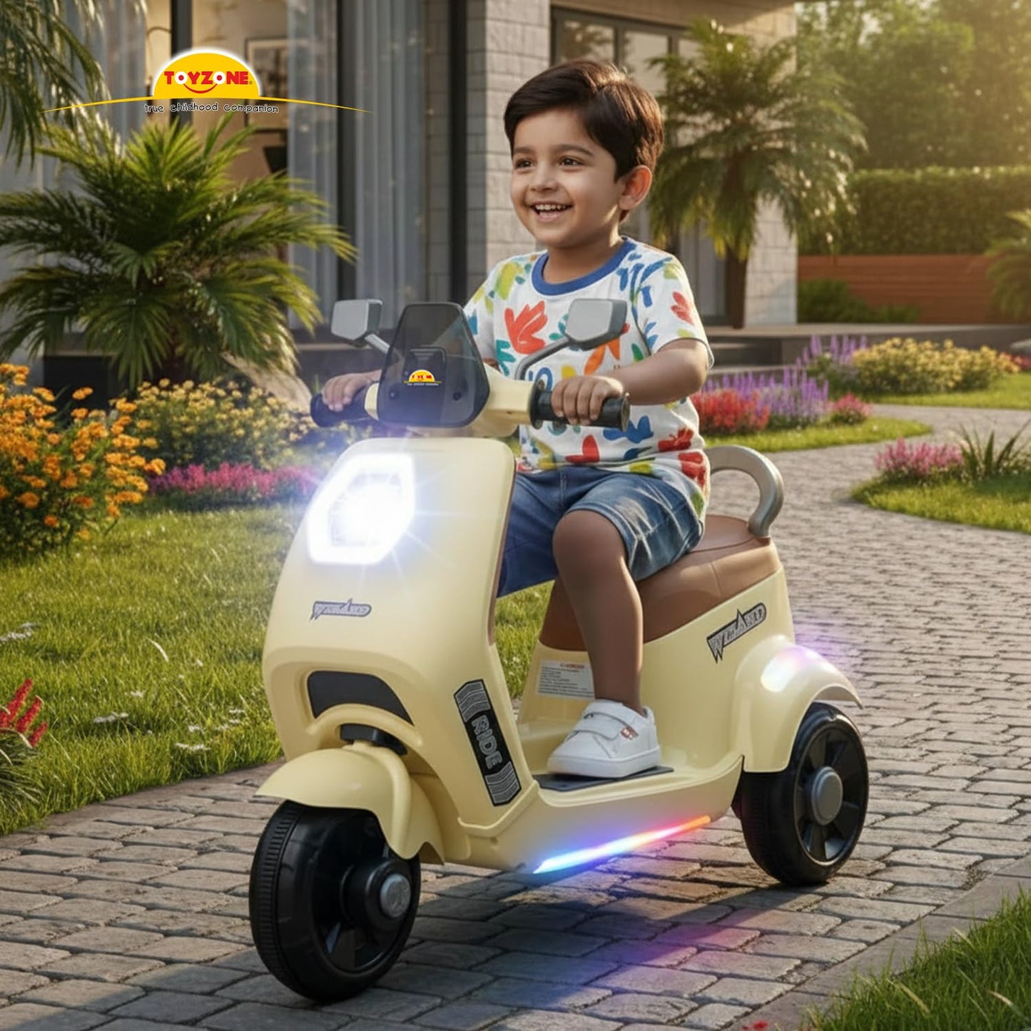 Toyzone Wizard Electric Scooty | Rechargeable Scooty 6V | Powered by 6.5 ah Battery | Music Player with Bluetoooth & USB | 6 Month Warranty on Battery | Make in India | for Kids 2+ Years (Ivory)