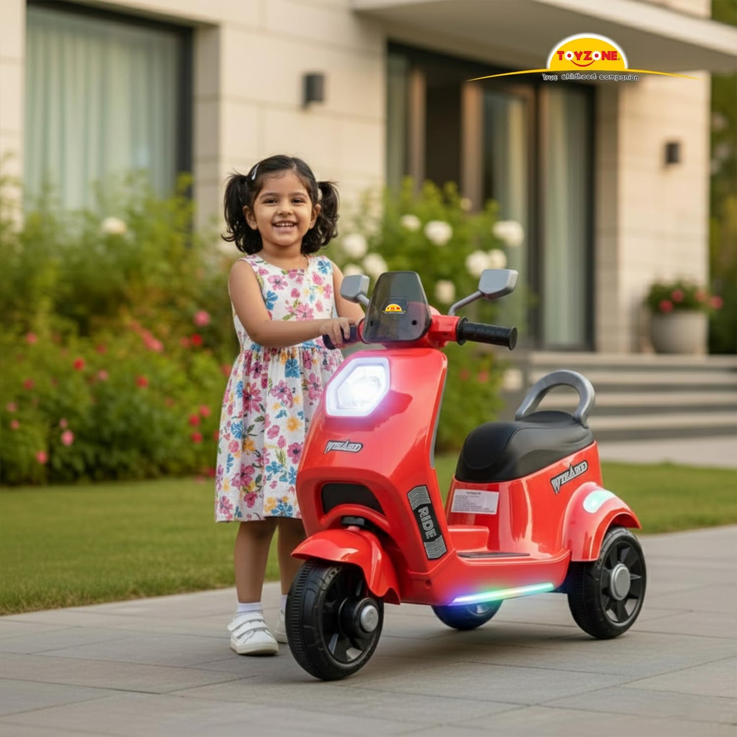 Toyzone Wizard Electric Scooty | Rechargeable Scooty 6V | Powered by 6.5 ah Battery | Music Player with Bluetoooth & USB | 6 Month Warranty on Battery | Make in India | for Kids 2+ Years (Red)