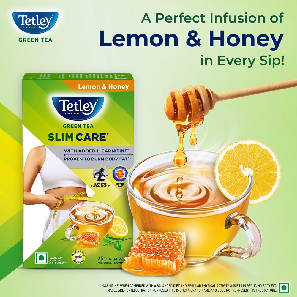 Tetley Green Tea Slim Care, With Added L-Carnitine, Helps Burn Body Fat, Boosts Energy, Low Calories, Delicious Natural Lemon and Honey Flavours, Makes 25 cups