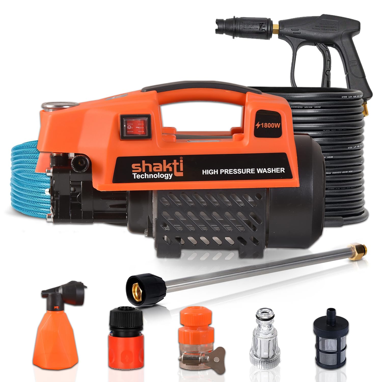Shakti Technology S5 High Pressure Car Washer Machine 1900 Watts, Pressure 125 Bar, 8L/Min Flow Rate and 10 Meter Hose Pipe with Professional 1L Foam Cannon Snow Lance - Springkart 