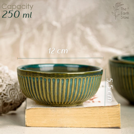 The Earth Store Glam Green Ceramic Bowl Set of 4, 250 ML Microwave & Dishwasher Safe Bowl Katori for Serving Snacks, Dal, Rice, Dessert | Perfect for Gifting and Daily Use