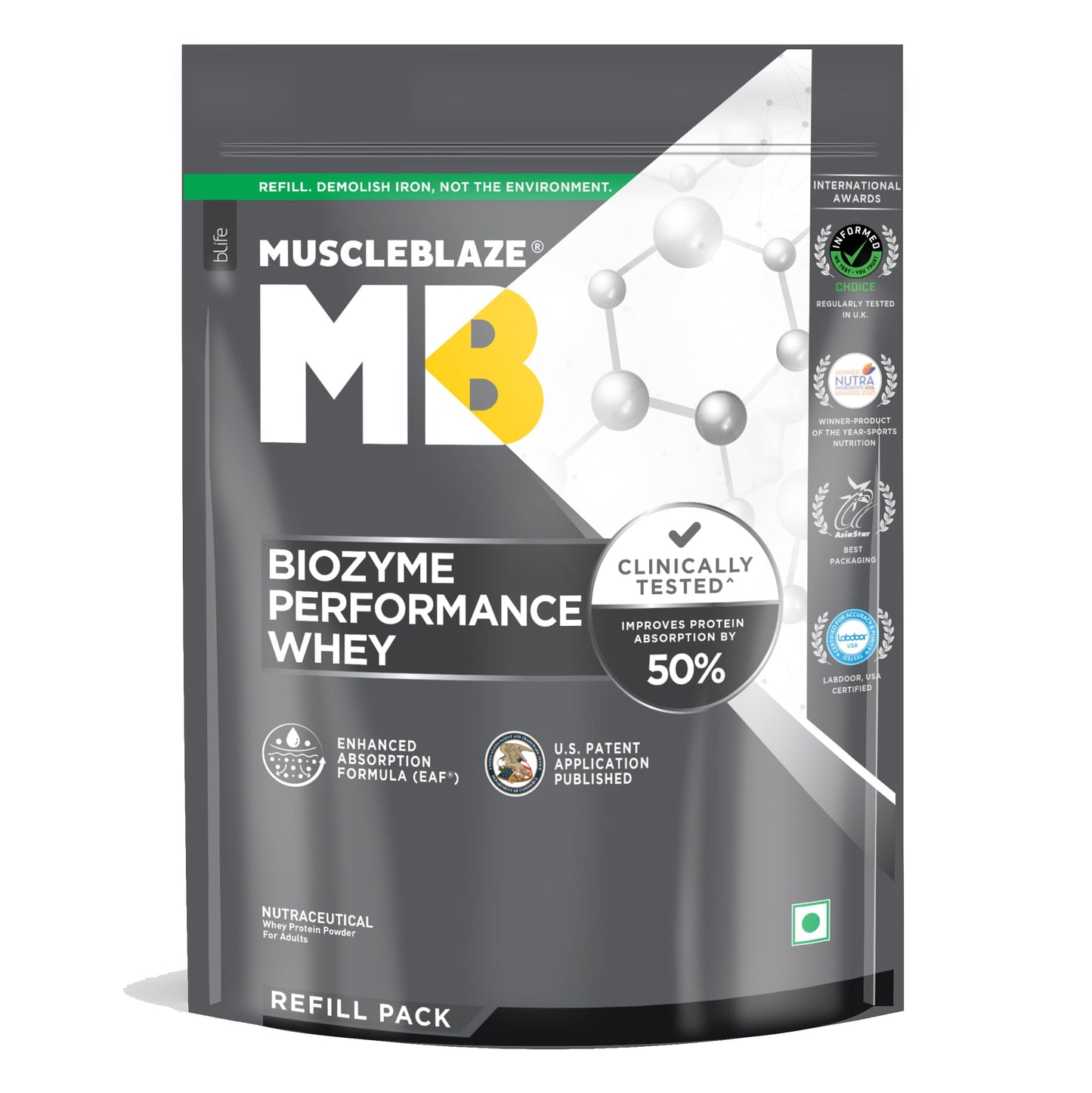 MuscleBlaze Biozyme Performance Whey Protein Powder, Chocolate Peanut Butter (2kg / 4.4lbs) | 25g Protein Per Scoop | Clinically Tested 50% Higher Protein Absorption