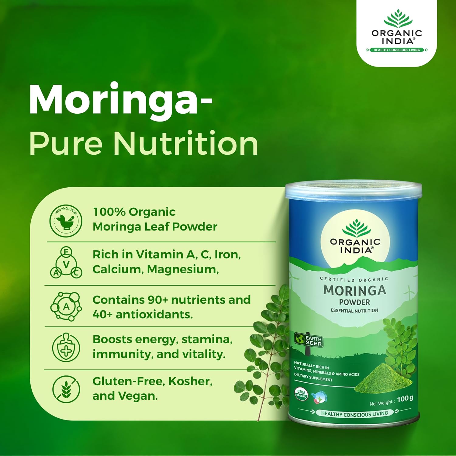 A TATA Product - Organic India Moringa Powder - 100g, Essential Nutrition Superfood, Helps Naturally Boost Energy Levels, Improves Stamina & Vitality, Rich In Vitamins & Minerals - Springkart 
