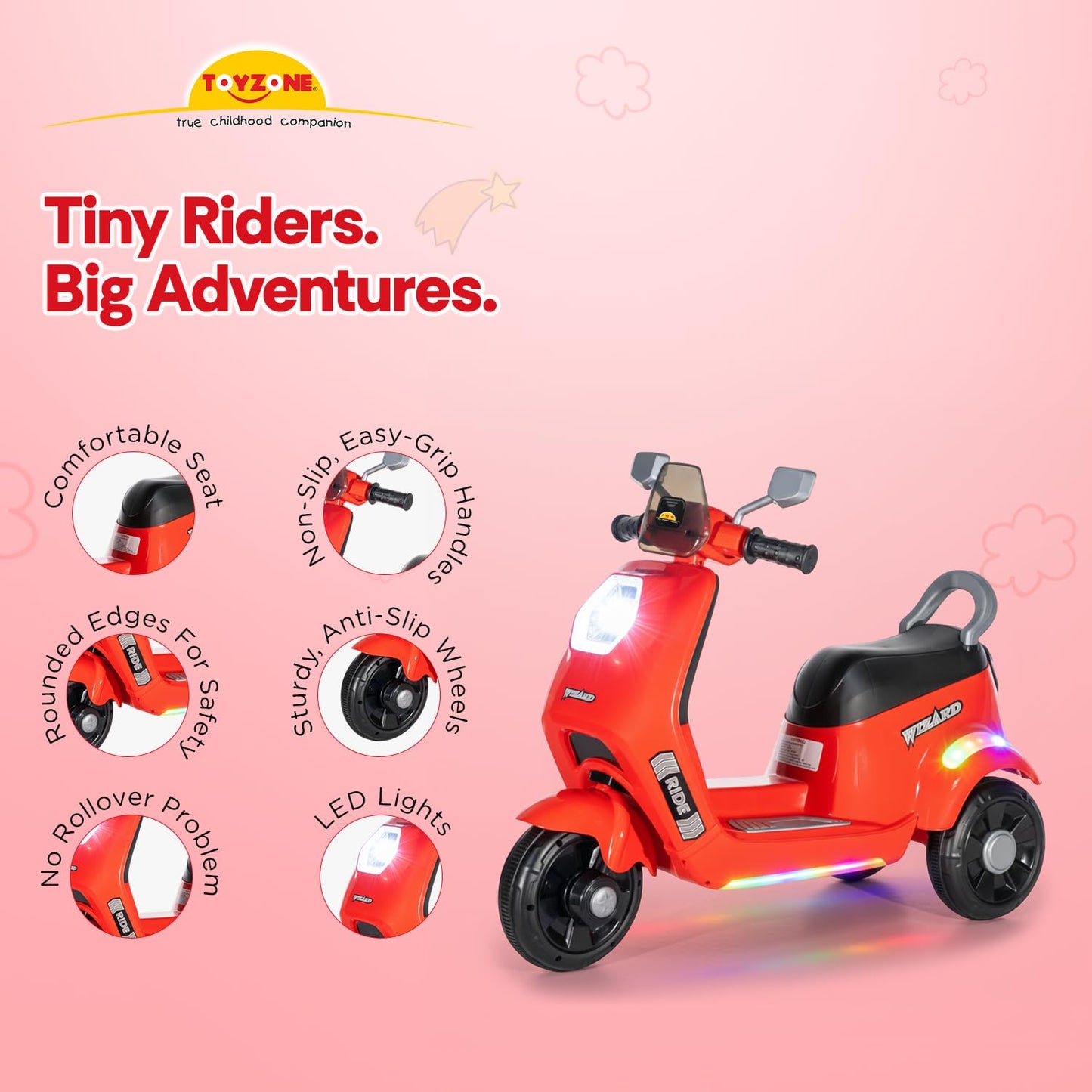 Toyzone Wizard Electric Scooty | Rechargeable Scooty 6V | Powered by 6.5 ah Battery | Music Player with Bluetoooth & USB | 6 Month Warranty on Battery | Make in India | for Kids 2+ Years (Red)