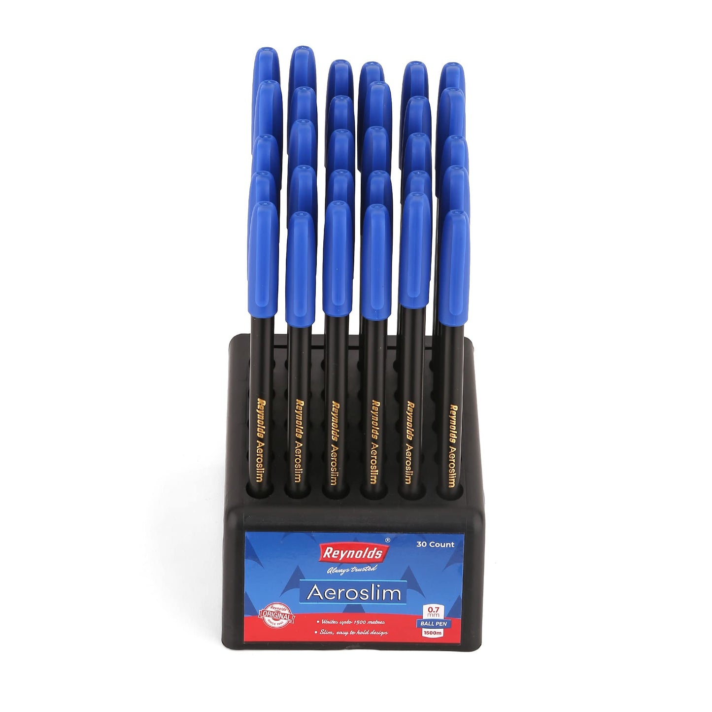 Reynolds AEROSLIM Ball Pen SET - 50 BLUE PENS WITH COMFORTABLE GRIP |BLUE BALL PENS FOR WRITING | PEN FOR STUDENTS & OFFICE STATIONERY | 0.7 mm TIP SIZE - Springkart 