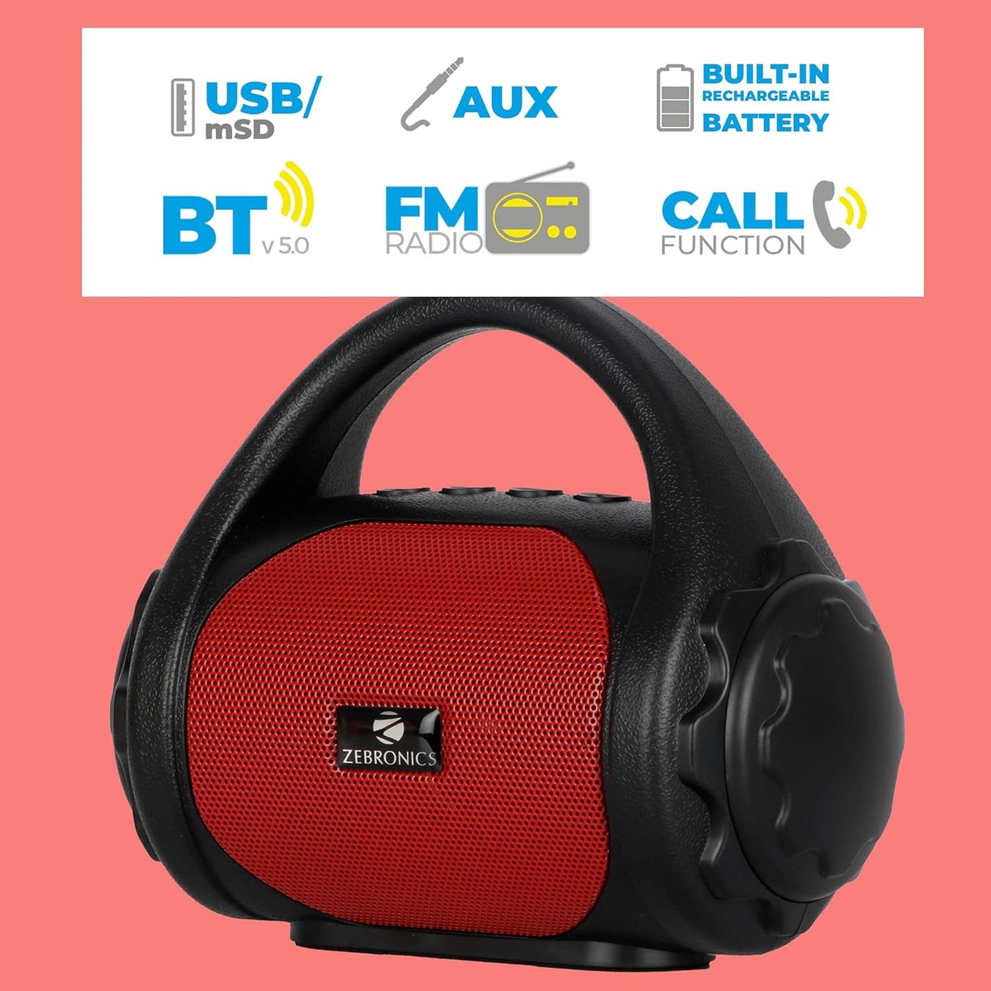 Zebronics Zeb-County Wireless Bluetooth Portable Speaker with Supporting Carry Handle, USB, SD Card, AUX, FM & Call Function. (Black+Red)