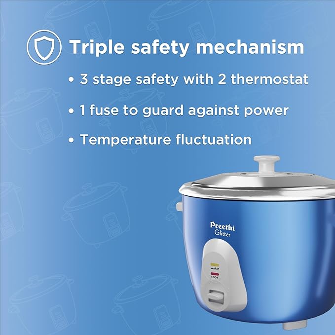 Preethi Glitter Electric Cooker, 1.8 Liters with Double Pan - Blue I Anodized Aluminium Pan I Energy Efficient Cooking (RC 332)