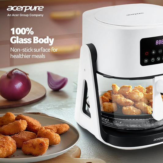 Acerpure Air Fryer | 100% Glass Bowl | 90% Less Oil | 5.5L Air Fryer + 2.5L Cooking Pot | Air Fry, Toast, Reheat, Grill, Cook | 360° TurboHeat Technology | Preset Modes | 1500 Watts | White