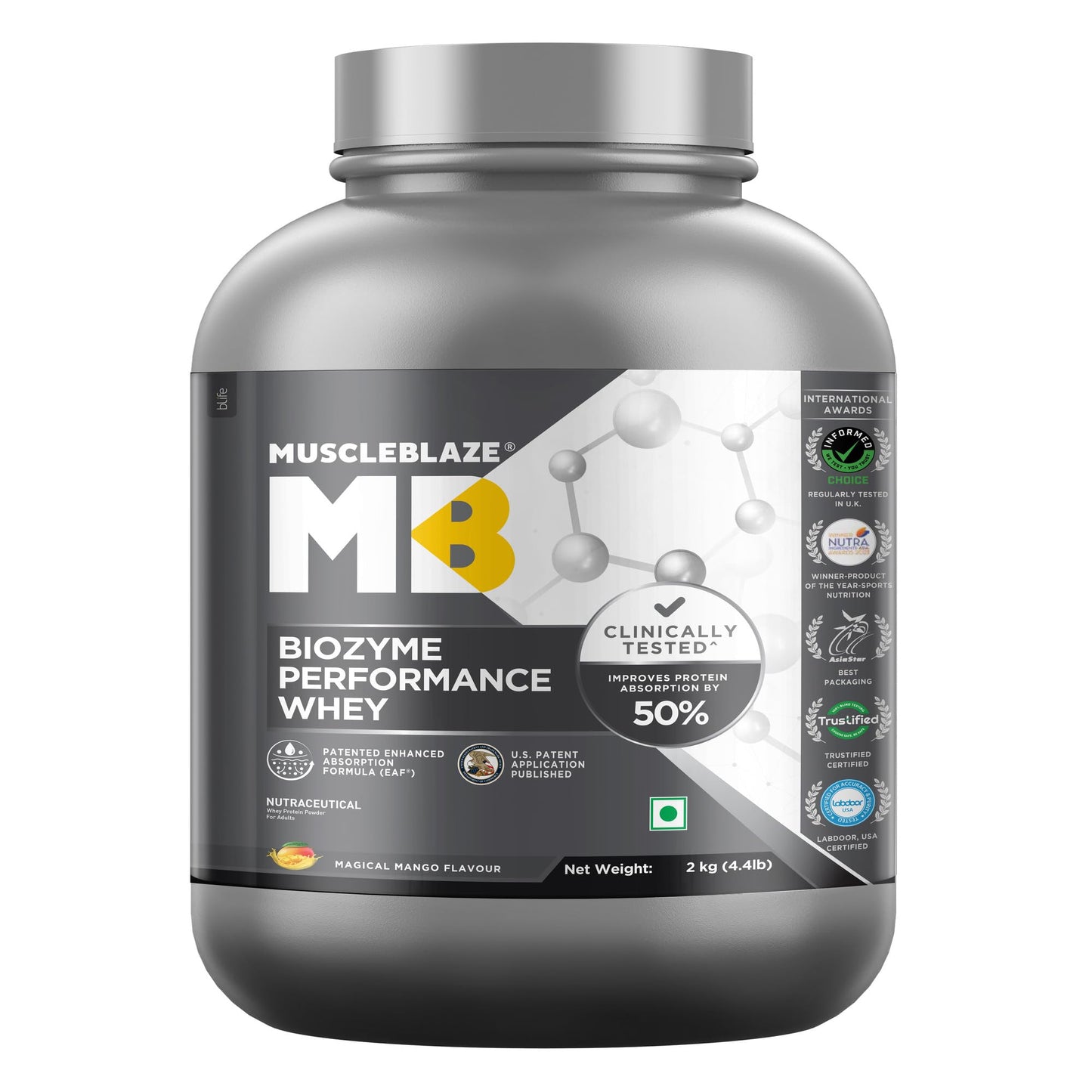 MuscleBlaze Biozyme Performance Whey Protein Powder, 1kg (2.2lbs) | Magical Mango | 25g Protein Per Scoop | Clinically Tested 50% Higher Protein Absorption