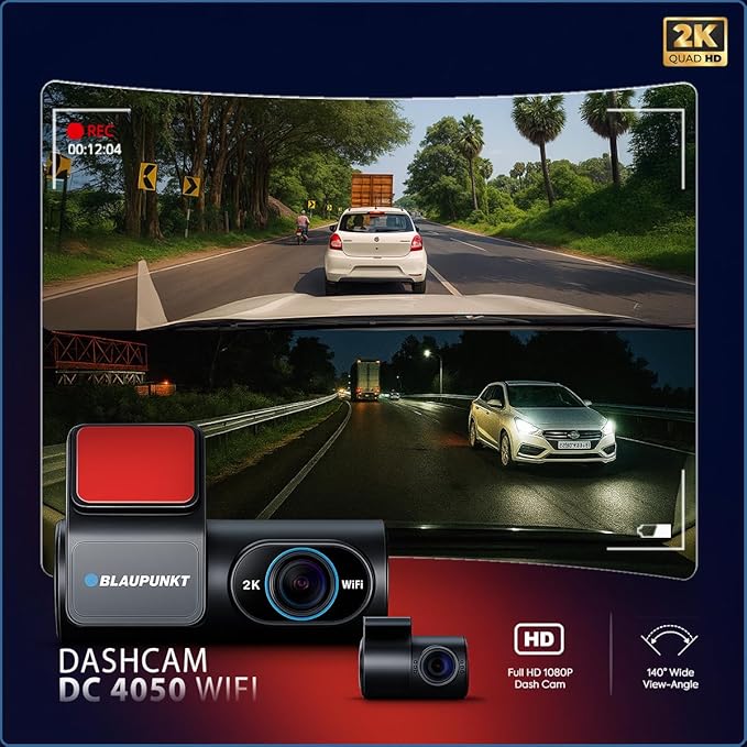 Blaupunkt Dashcam-DC 4050 WiFi Dual Camera 2K +1080P,Dual Port Charger,Dashboard Mount,G Sensor,256GB SD Card Capability,Mobile APP,140° Wide Angle View,Built-in Mic and Speaker,Time & Date Stamp