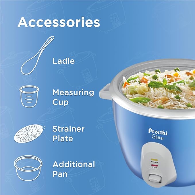 Preethi Glitter Electric Cooker, 1.8 Liters with Double Pan - Blue I Anodized Aluminium Pan I Energy Efficient Cooking (RC 332)