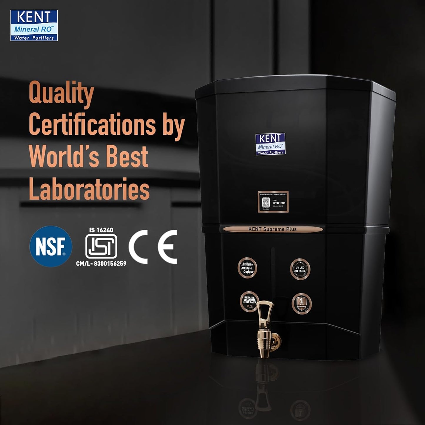 KENT Supreme Plus Alkaline+Copper RO Water Purifier | RO+UV+UF+Alk +Cu+TDSControl+UV LED Tank|Advanced ROTech for SabseShudh Paani |Auto Flush| 8L|20LPH| Ideal for Borewell/Tanker/MunicipalWater|Black