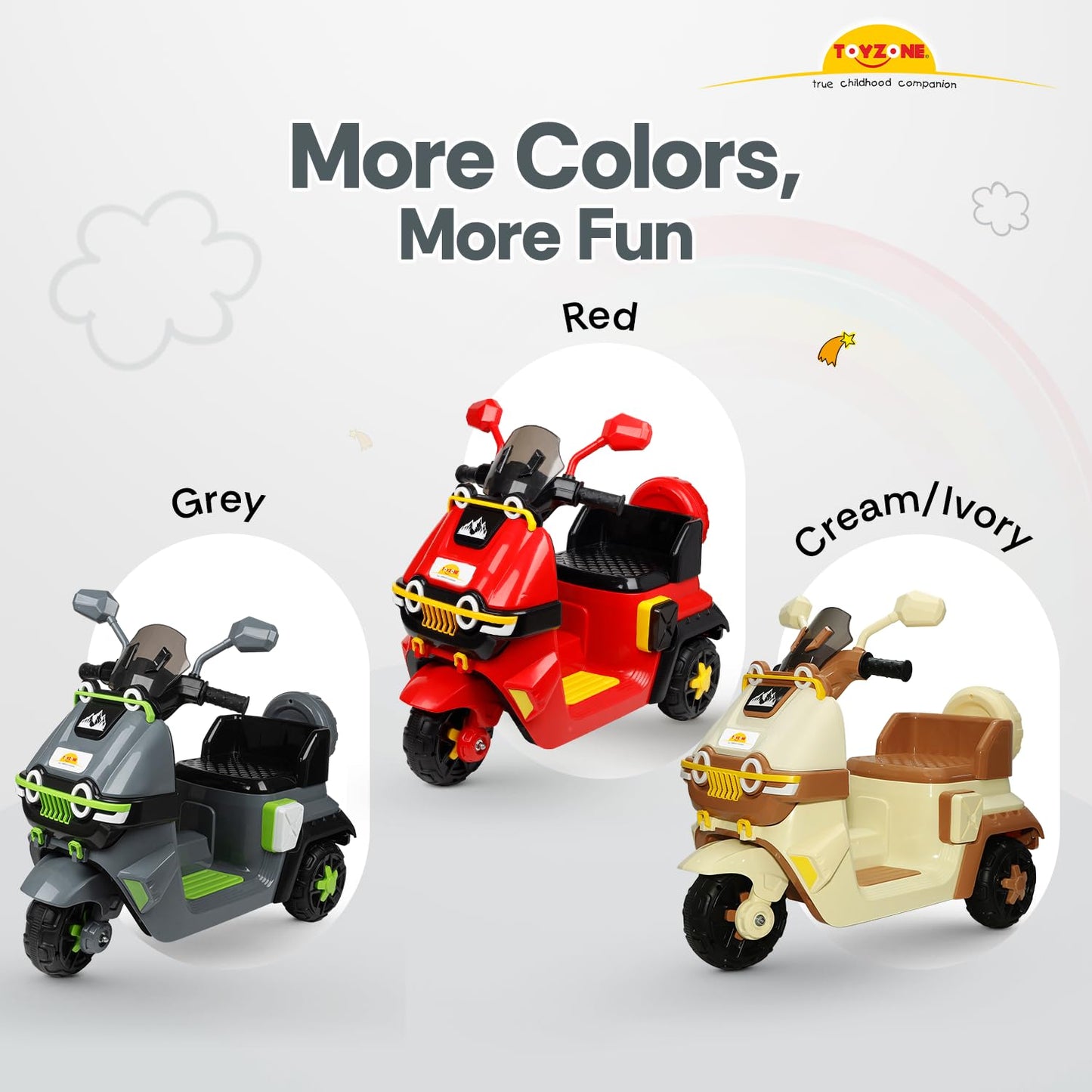 Toyzone Himalayan Electric Scooty - Grey | Rechargeable Scooty 6V | Powered by 6.5 ah Battery | Music Player with Bluetoooth & USB | 6 Month Warranty on Battery | Make in India | for Kids 2+ Years