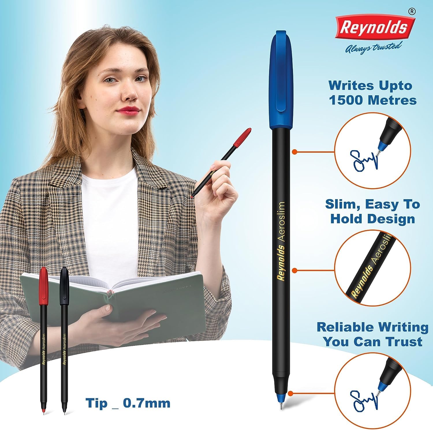 Reynolds AEROSLIM Ball Pen SET - 50 BLUE PENS WITH COMFORTABLE GRIP |BLUE BALL PENS FOR WRITING | PEN FOR STUDENTS & OFFICE STATIONERY | 0.7 mm TIP SIZE - Springkart 