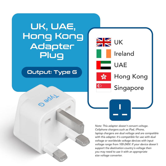 Ceptics UK Adapter for Indian Pins, India to UAE, Hong Kong, Dubai, UK Plug - Type G - Perfect for Laptop, Camera, Chargers - CE - RoHS - 3 Pack -White- Lifetime Limited Warranty