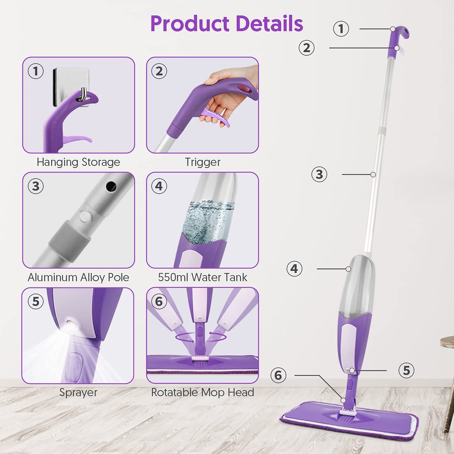 SEVENMAX Spray Mop For Floor Cleaning - Microfiber Floor Mop With 550Ml Refillable Bottle 3 Washable Pads Kitchen Dry Wet Flat Dust Mop For Cleaning Hardwood Laminate Wood Ceramic Marble Tile Floors