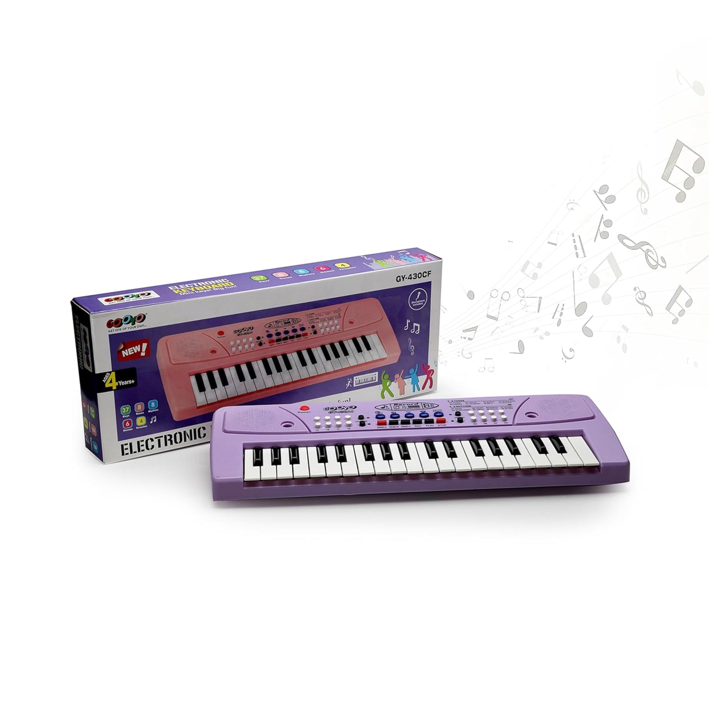 Gooyo GY-430CF 37-Key Musical Piano Keyboard with Microphone | 8 Rhythms, 8 Tones, 6 Demos, Song Record Feaure | Dual Power Supply (USB Included) | Purple Color | Gift Box Packaging