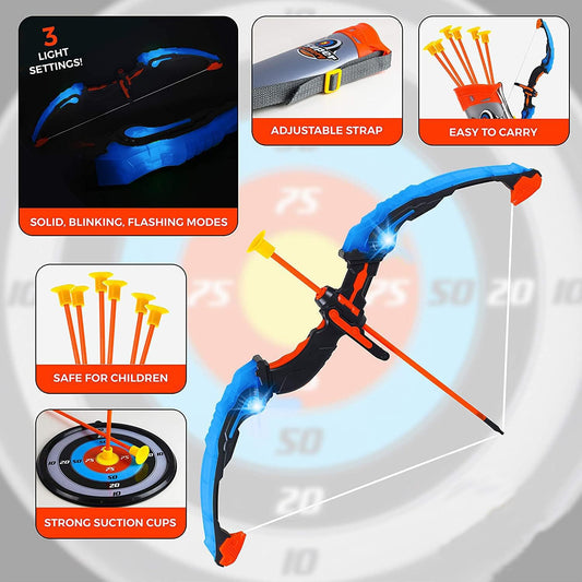 TEC TAVAKKAL Kids Bow & Arrow Toy, Boys and Girls Basic Archery Set Outdoor Hunting Game with 3 Suction Cup Arrows, Target & Quiver Archery Toys with Light