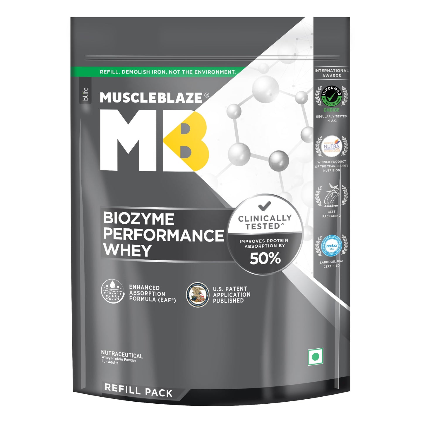 MuscleBlaze Biozyme Performance Whey Protein Powder, Chocolate Peanut Butter (2kg / 4.4lbs) | 25g Protein Per Scoop | Clinically Tested 50% Higher Protein Absorption