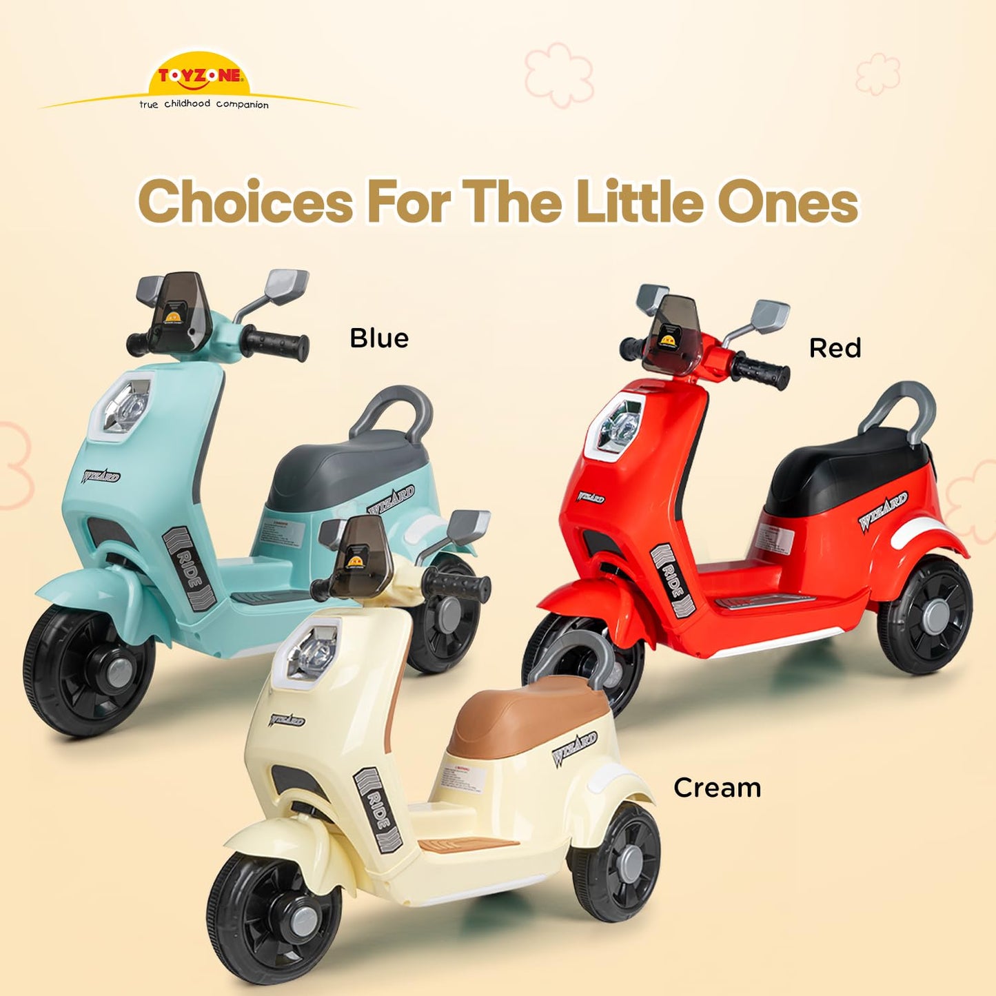 Toyzone Wizard Electric Scooty | Rechargeable Scooty 6V | Powered by 6.5 ah Battery | Music Player with Bluetoooth & USB | 6 Month Warranty on Battery | Make in India | for Kids 2+ Years (Ivory)