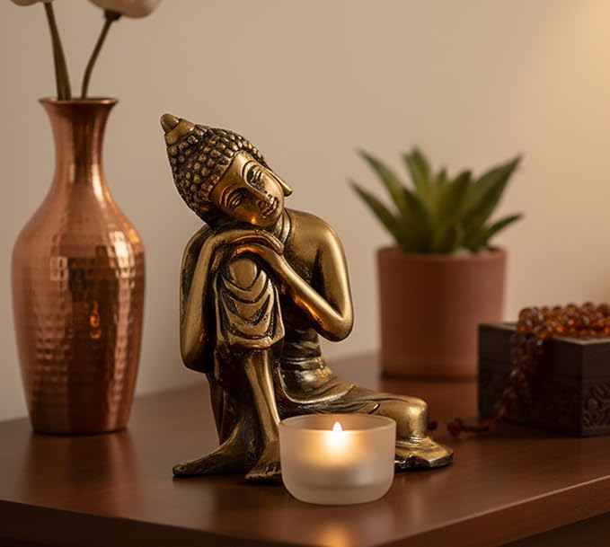 Buddha Showpiece for Home Decor | Brass Resting Buddha Statue for Living Room, Office Table | Tibetan Decorative Items, Antique Idol & Figurine for Room Decor | Housewarming Gifts