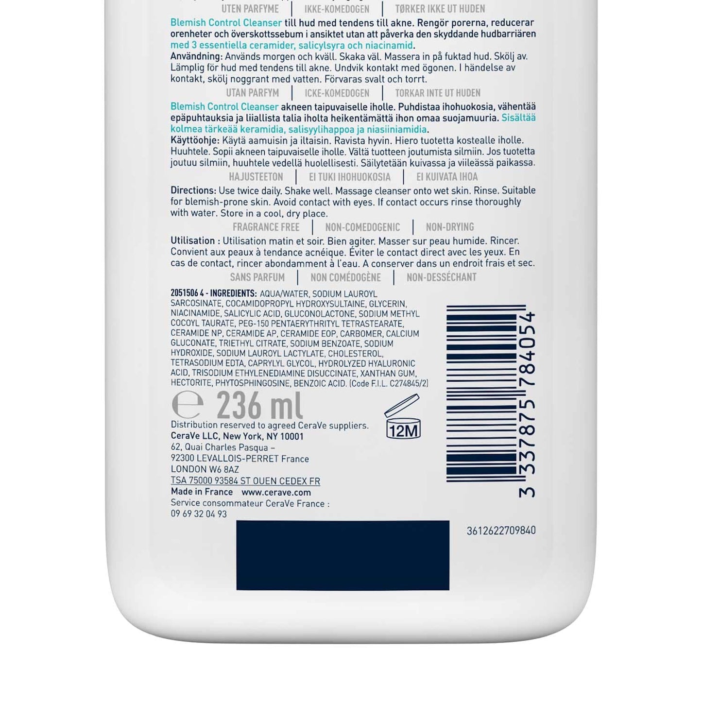 Cerave Blemish Control Cleanser with 2% Salicylic Acid & Niacinamide for Acne Prone Skin, Controls Acne & Spots, Unclog Pores & Reduces Blemishes, 236ml