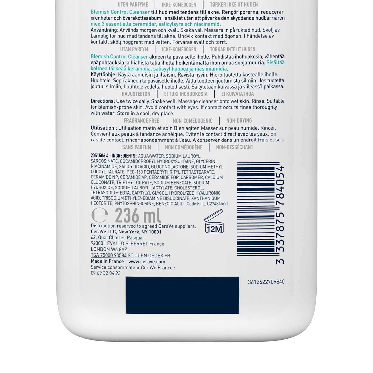 Cerave Blemish Control Cleanser with 2% Salicylic Acid & Niacinamide for Acne Prone Skin, Controls Acne & Spots, Unclog Pores & Reduces Blemishes, 236ml