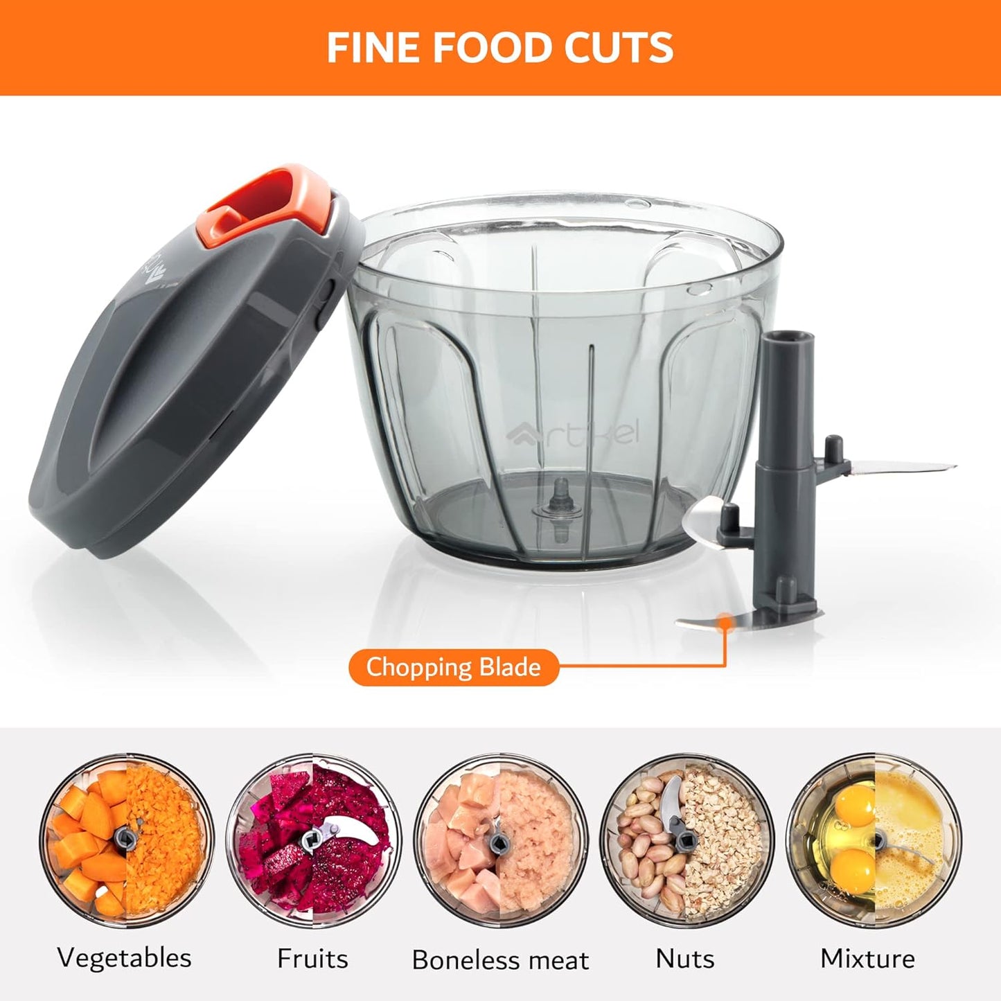 Artikel Manual Chopper with Storage Lid | Chops Vegetables, Nuts & Fruits | Meat Mincer | Medium - 650 mlGrey & Orange - Springkart 