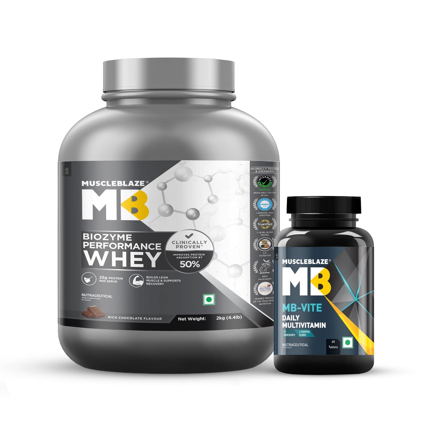 MuscleBlaze Biozyme Performance Whey Protein Powder, 1kg (2.2lbs) | Magical Mango | 25g Protein Per Scoop | Clinically Tested 50% Higher Protein Absorption