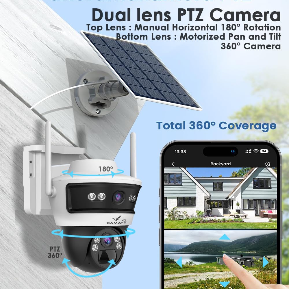 Camate Stellar Duo 4+4MP 4G SIM Based Wireless Outdoor CCTV Camera | Solar Powered Battery | No WiFi Needed | Color Night Vision | Motion Detection | 2-Way Audio | Weatherproof | Supports 256GB SDcard