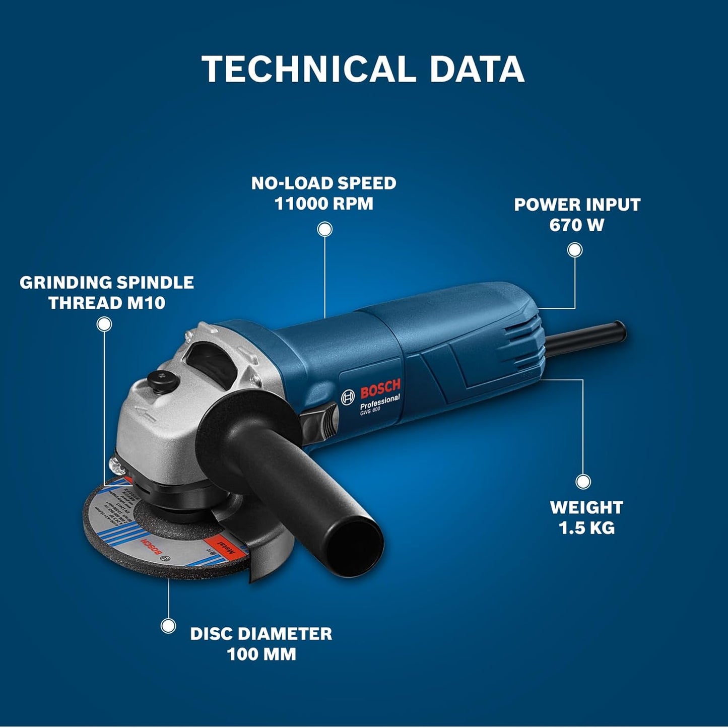 BOSCH Professional GWS 600 Angle Grinder | 670W Power | No-load Speed of 11000 RPM | Versatile Cutting and Grinding Tool | M10 Grinding Spindle Thread | 100 mm Disc | 1 Year Warranty