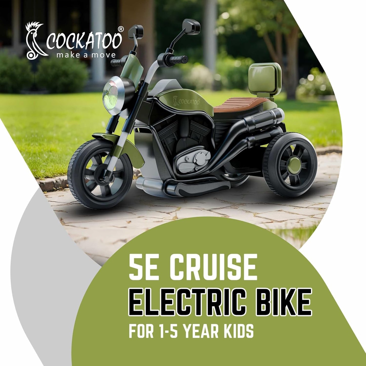 Cockatoo 5E Cruise Rechargable Electric Kids Bike with Music and LED Light, Kids Scooter Bike for 1-5 Yrs Boys&Girls Powered by 6V & 4.5 AH Battery for 4.5Hr-6Hr Ride- Pista Green