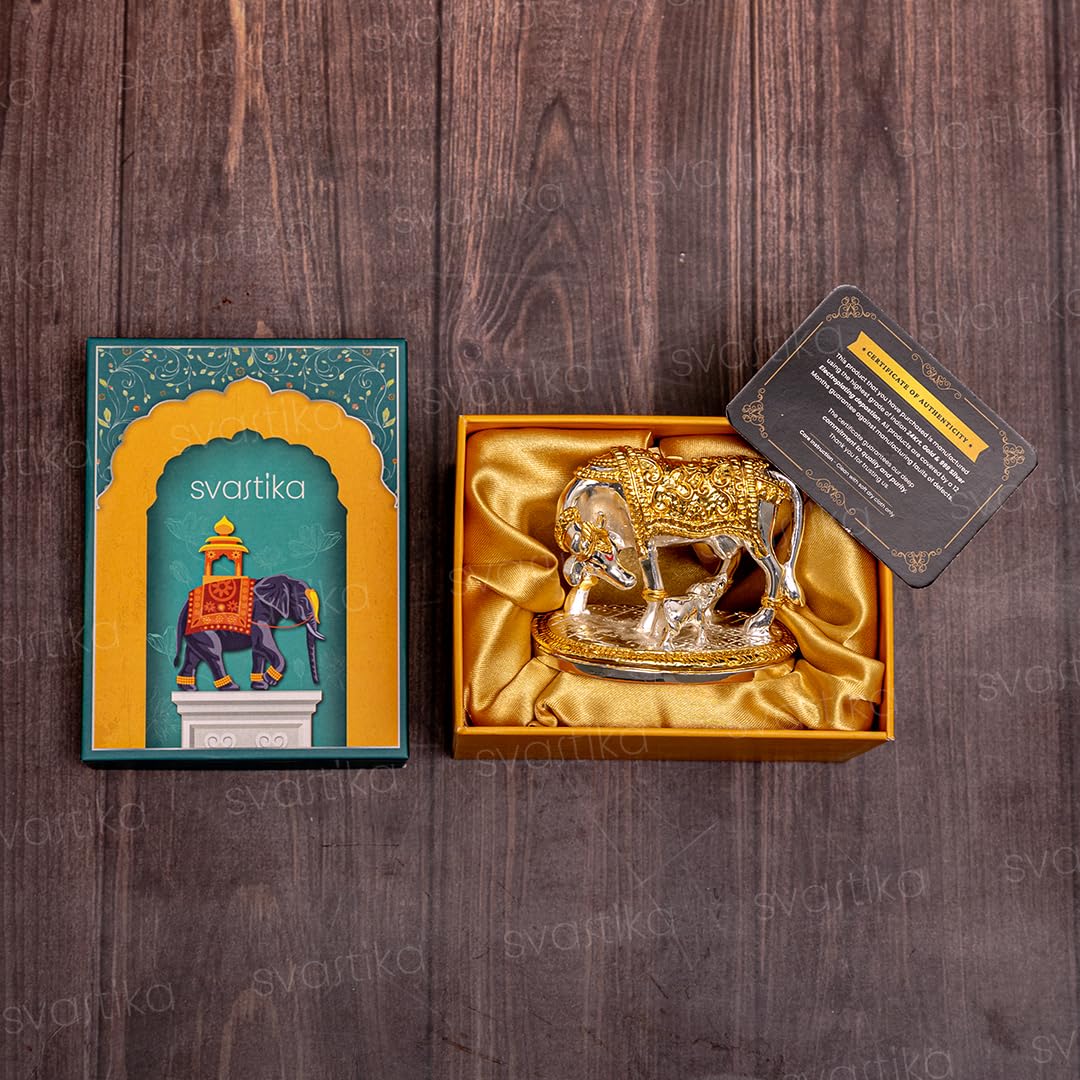 Svastika Vastu Kamdhenu Cow with Calf Idol | 24K Gold & 999 Silver Plated | Excellent Vastu Correction Remedy for Financial Problems | Wedding & Housewarming Gift - Springkart 