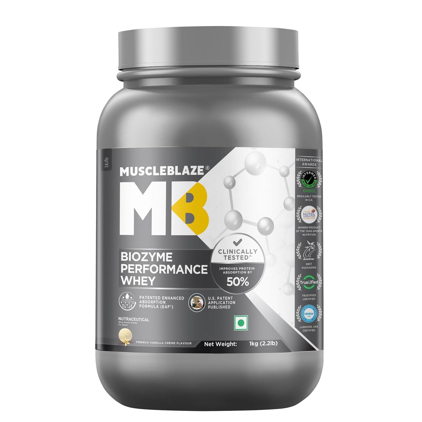 MuscleBlaze Biozyme Performance Whey Protein Powder, Rich Chocolate (1kg / 2.2lbs) | 25g Protein Per Scoop | Clinically Tested 50% Higher Protein Absorption