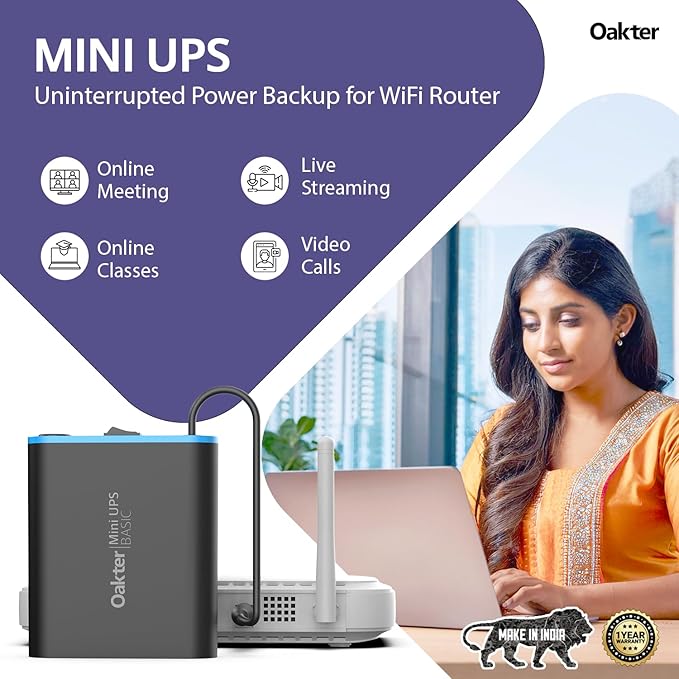 Oakter Mini UPS Basic for WiFi Router Broadband Modem | Supports 12V-2A Routers. Backup Upto 3 Hours | WiFi Router UPS Power Backup During Power Cuts| Current Surge & Deep Discharge Protection