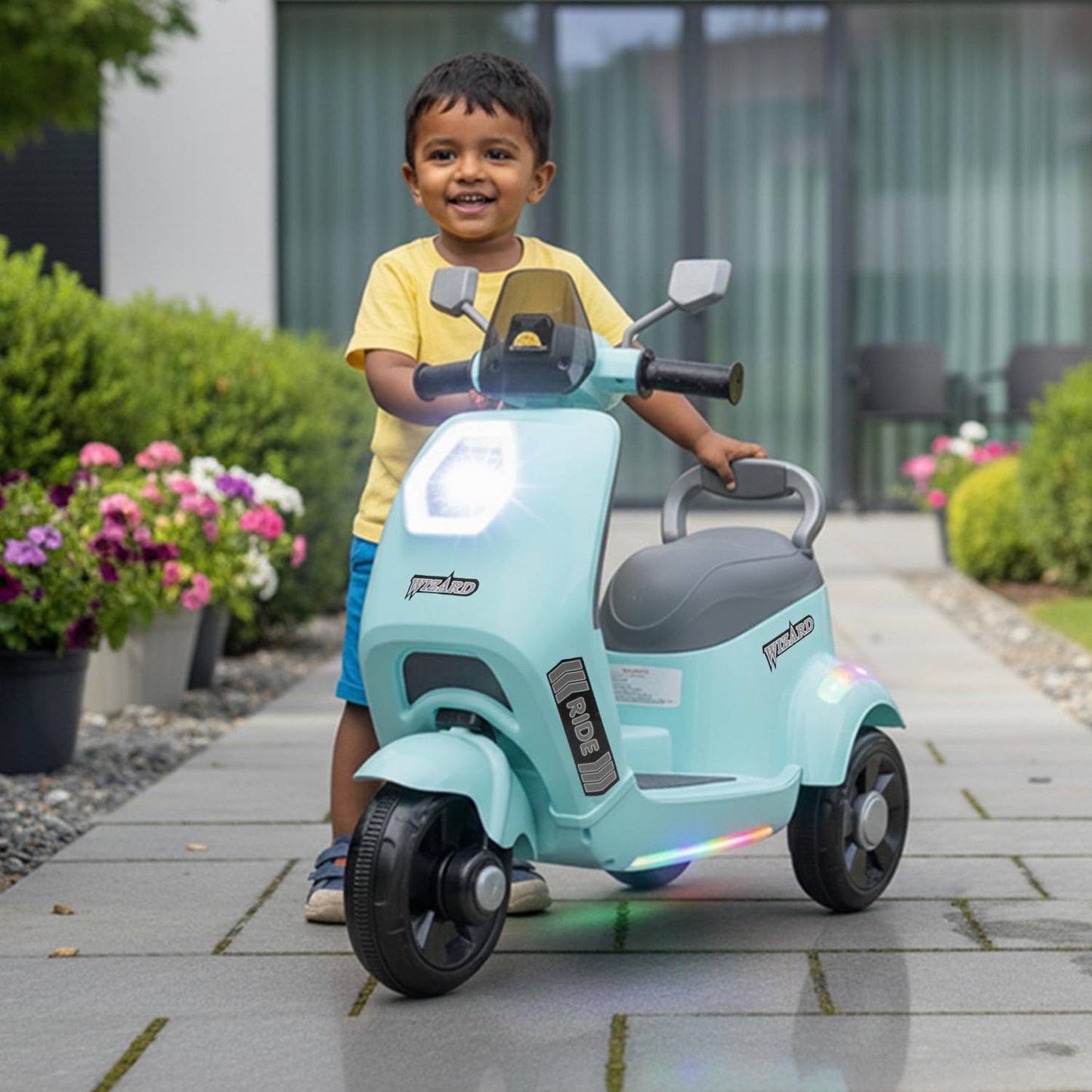 Toyzone Wizard Electric Scooty | Rechargeable Scooty 6V | Powered by 6.5 ah Battery | Music Player with Bluetoooth & USB | 6 Month Warranty on Battery | Make in India | for Kids 2+ Years (Blue)