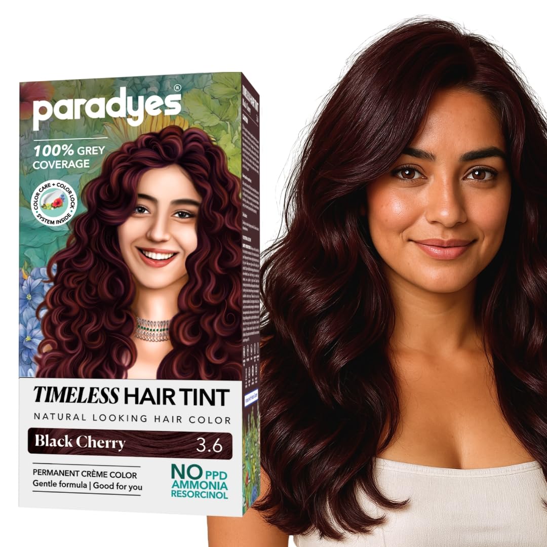 Paradyes Black Cherry Timeless Hair Tint, Permanent Crème Hair Colour for Natural-Looking Results, Complete Grey Coverage, Long-Lasting Formula Free from PPD, Ammonia, & Resorcinol, 3.6 Black Cherry