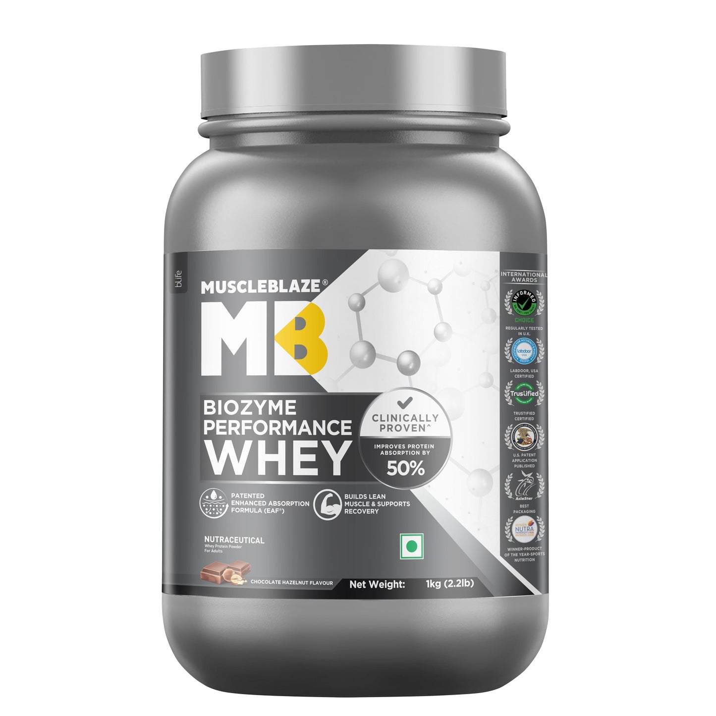 MuscleBlaze Biozyme Performance Whey Protein Powder, 1kg (2.2lbs) | Magical Mango | 25g Protein Per Scoop | Clinically Tested 50% Higher Protein Absorption