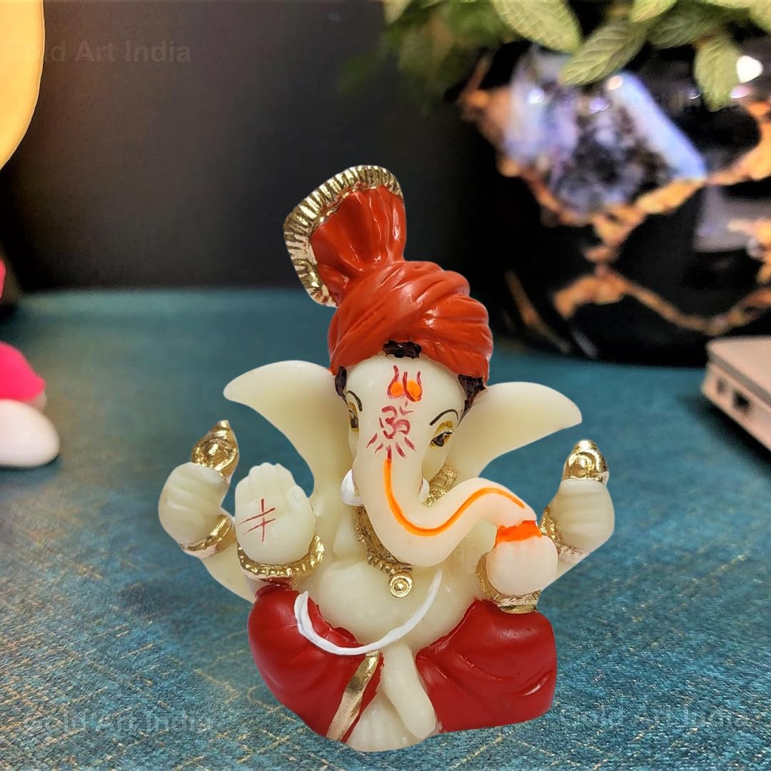 Gold Art India Polyresin Lord Ganesha Idol for Car Dashboard, Home, Office | Ganpati Statue for Mandir Decor | Handcrafted Ganesh Murti (2 x 2.5 inch, Red & Orange)