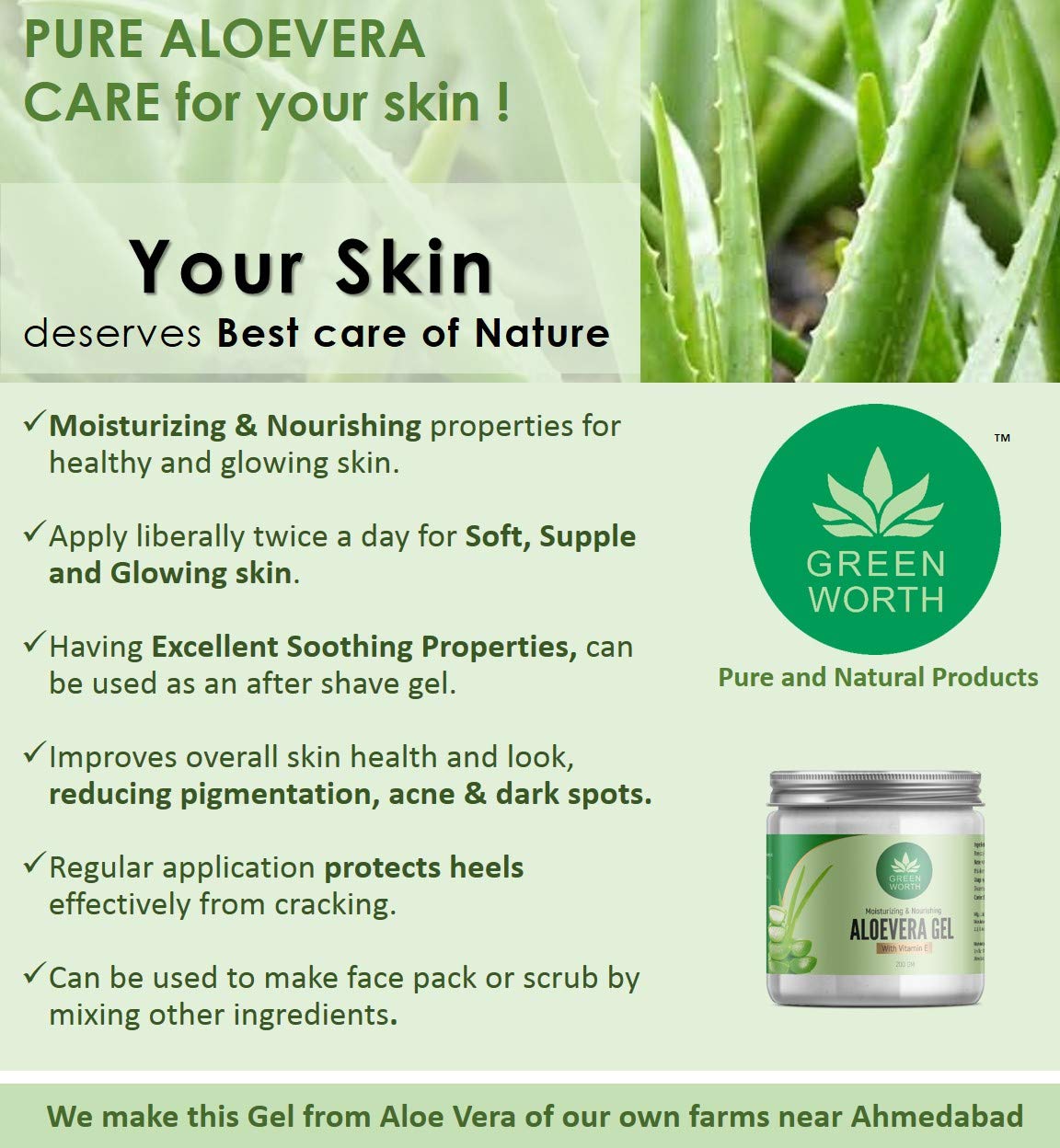 GREEN WORTH Pure Aloe Vera Gel 400 Gm (Pack Of 2 X 200 Gm) - Springkart 